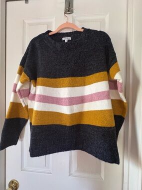 white birch Marled Navy Crewneck Sweater with Mustard, White & Blush Stripes